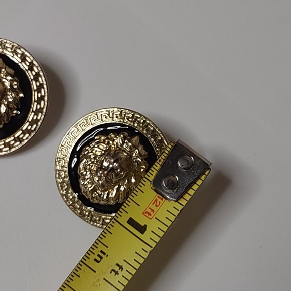 Gold Tone And Black Round Lions Head Earrings - Picture 10 of 11